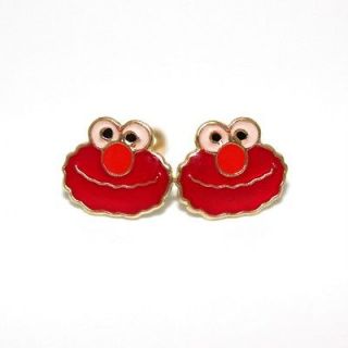 14K Gold Enamel Cartoon Sesame Street ELMO screw back earrings