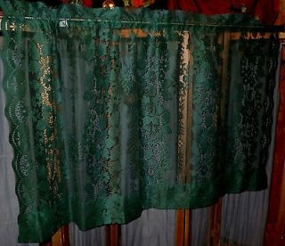 Pair of Vintage Dark Hunter Green lace curtain panels.