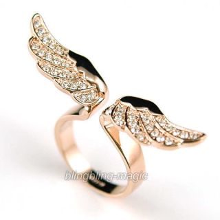 Angel Wing Rose Gold Plat Ring use Swarovski Crystal UK size J, M,O,Q