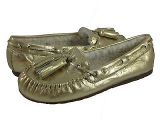 Coach Womens Anita Gold Embossed Signature Leather Moccasins Slippers
