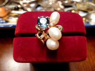 Estate 14K Gold, Pearl, Aquamarine and Diamond Ring