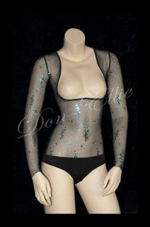 Belly Dance Body Stocking, High back, Sleeved in Turquoise Glitter