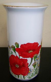 Maryleigh Pottery Handcrafted Vase With Red Floral Decoration 6 Tall