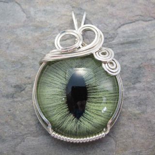 , OR Yellow Cat Glass Eye Eyeball Sterling Silver Wire Wrap Pendant