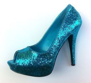 Turquoise Glitter Peep Toe Pinup Disco Pixie Club Heels Costume Shoes