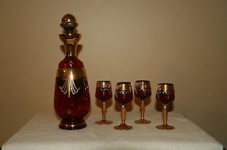 Vintage Venetian Red glass wine decanter set with 4 stem glasses, hand