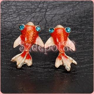 Lady Blue Crystal Eye Swimming Goldfish Studs Earrings Costume Jewelry