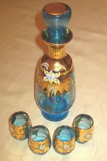 Vintage Murano azure blue glass 22k gold decanter + 4 glasses set