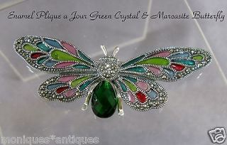 Plique a Jour w/Green Crystal & Marcasite Butterfly Brooch