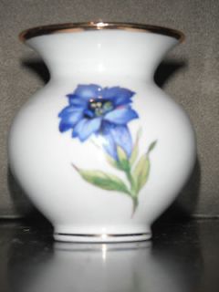 Bavaria Germany Bud Vase with Blue Trumpet Flowers & Gold Trim