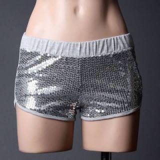 Silver Sequin Hot Stretch Comfort Exercise Shorts S Size