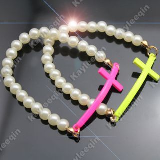 Neon Cross Crucifix Sideways Pearl Bridal Stretchy Bracelet Bangle