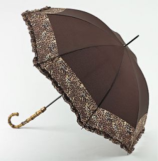 BROWN W/LEOPARD TRIM MANUAL STICK UMBRELLA WITH BAMBOO HANDLE by