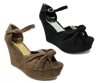 New Ladies Platform Peep Toes Slingback Ankle Bow Wedge Sandals Shoes