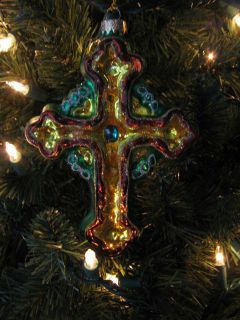 inch Mercury Glass Green & Gold Irish Cross Christmas Ornament