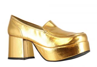 Mens Retro Disco Pimp 3 Platform Gold Metallic Loafer Shoes