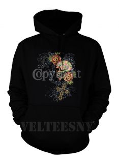 Skull Rosary Cross Floral Chain Tattoo Mexican Skull   Mens Hoodie