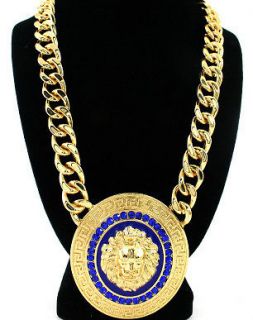 School Style Crystal LION Head Medallion Gold Chain Necklace 22 inches