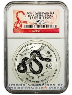 2013 P Australia Mint State 1 Oz Silver Lunar Year Snake $1 NGC MS70