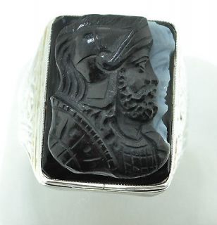 Hand Carved & Engraved Agate Cameo RING   14k White Gold ESTATE   C