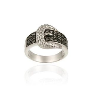 925 Silver Black Diamond Accent Belt Buckle Ring