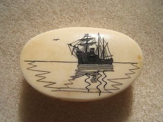 Vintage Nuguruk Scrimshaw Pin Ship Ocean Scene