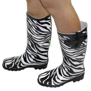 Rain Zebra Black White Round Toe Heel Dress Rubber Cowboy Boots