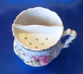 VINTAGE ROSE MUSTACHE CUP   PINK AND WHITE WITH GOLD RIM