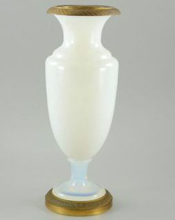 White Glass Old World Vase with Brass Rims French Opaline Vase