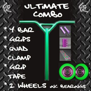 Purple Green Metal Core Scooter Wheels Y Bar Grips Tape Quad Clamp