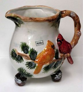 Vintage Large Ceramic Pitcher Red Yellow Cardinal Bird Birds WCL Hand