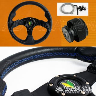 JDM 320mm Blue Stitches Steering Wheel w Shoshinsha Wakaba Horn Hub
