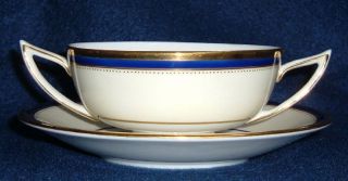  Windsor Pattern Cobalt Blue and Gold Rim Cream Soup Bowls W Saucer