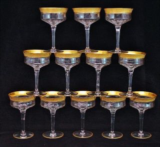 Fine SET12 Moser Quality Tiffin 24K Gold Rim Champagne Glasses Goblets