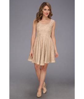 Jessica Simpson Scoop Neck Banded Dress with Circle Skirt and Cutout Back Womens Dress (Beige)