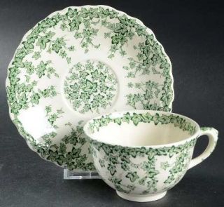 Crown Ducal Early English Ivy Green Flat Cup & Saucer Set, Fine China Dinnerware