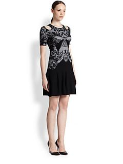 McQ Alexander McQueen Cutout Lace Print Paneled Knit Dress   Black