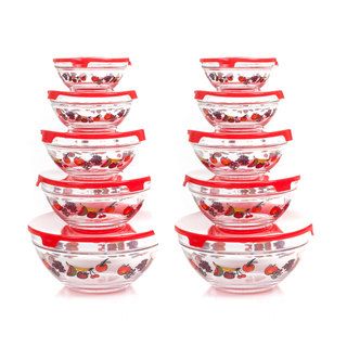 Chef Buddy 20 Piece Glass Bowl Set With Lids (GlassSet Includes 10 Glass Bowls and 10 snap on lidsDishwasher safeMicrowave safeGlass Bowls with stylish fruit design and red lidsTwenty piece setDemensionsTwo (2) 30.5 ounce bowls 6.5 inches x 3 inches high