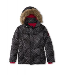 U.S. Polo Assn Kids Belted Plaid Bubble Jacket with Faux Trimmed Hood Girls Coat (Black)