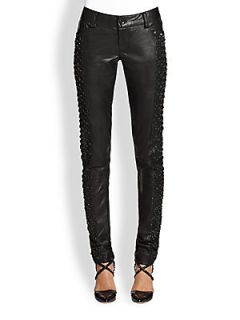 Alice + Olivia Embellished Cutout Leather Pants   Black