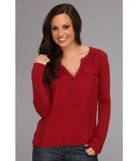 Lucky Brand Pocket Woven Front Top Womens Long Sleeve Pullover (Red)