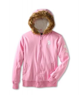 U.S. Polo Assn Kids Sherpa Lined Zip Front Hoodie with Faux Fur Trim Girls Sweatshirt (Pink)