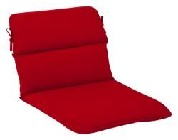 Pillow Perfect Outdoor Red Rounded Chair Cushion (Red Materials PolyesterFill 100 percent virgin polyester fiber fillClosure Sewn seam Weather resistant UV protection Care instructions Spot clean onlyDimensions 40.5 inches long x 21 inches wide x 3 i