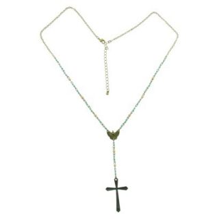 Womens 34 Chain Necklace with Bird Casting and Cross Drop   Gold/Turquoise