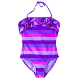 Xhilaration Girls Stripe 1 Piece Swimsuit   Purple XS