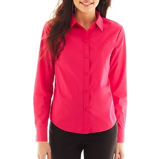 Liz Claiborne Long Sleeve Button Front Woven Shirt   Petite, Bright Rose