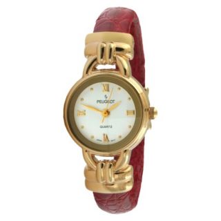 Peugeot Womens Red Leather Cuff Watch   Gold