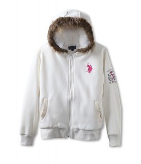 U.S. Polo Assn Kids Sherpa Lined Zip Front Hoodie with Faux Fur Trim Girls Sweatshirt (White)