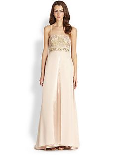 Sue Wong Split Front Embroidered Gown   Champagne