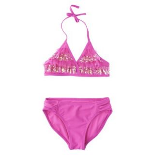 Xhilaration Girls 2 Piece Ruffled Sequin Halter Bikini Swimsuit Set   Pink S